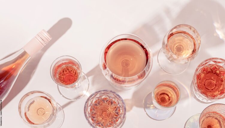 Glasses of different rosé wines, a summer drink, viewed from above
