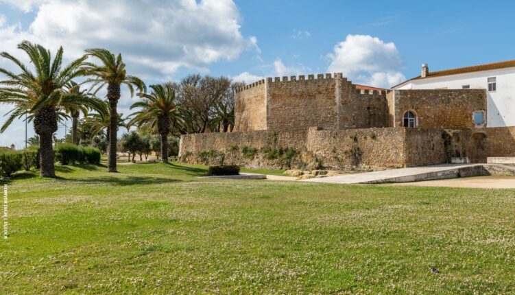 Lagos castle with lawn and palm tress inf ront