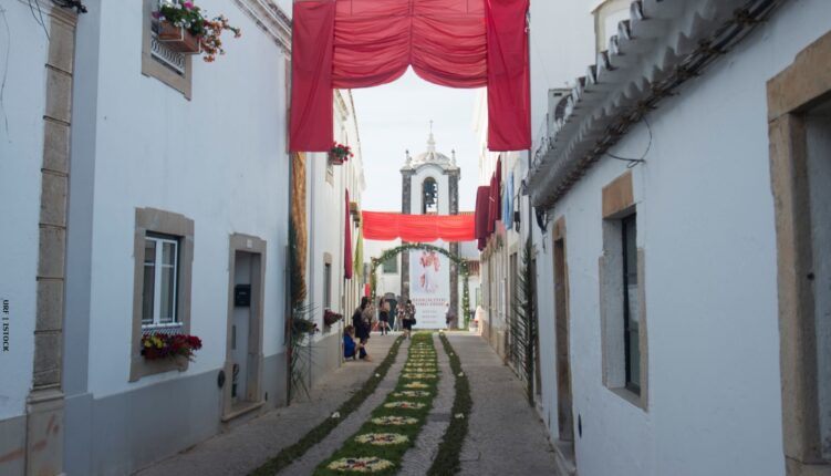 Flowers laid on a cobbled street with houses decorated with flowers and bunting