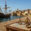 Historic Portuguese harbor with caravels docked by stone buildings, featuring a nautical map and navigation instruments on a wooden table, reflecting Portugal’s maritime legacy.