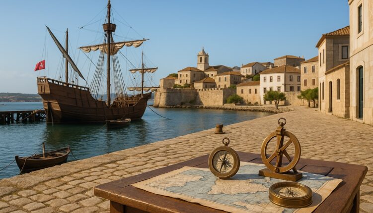 Historic Portuguese harbor with caravels docked by stone buildings, featuring a nautical map and navigation instruments on a wooden table, reflecting Portugal’s maritime legacy.