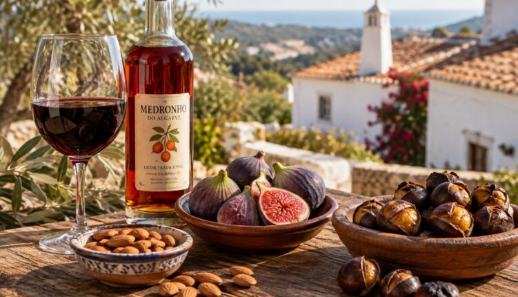 Autumn in the Algarve harvest table with red wine, medronho, fresh figs, almonds and roasted chestnuts overlooking whitewashed villas and the sea