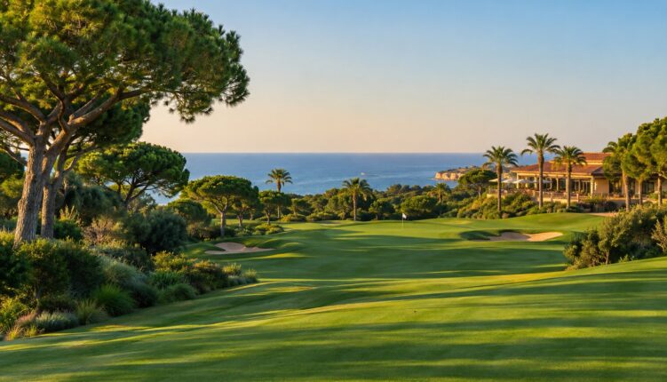 Autumn golf in the Algarve: a sunlit fairway edged with pines and palms, a flag on the green and the blue Atlantic beyond.