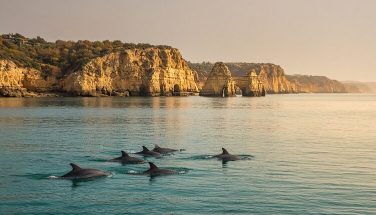 Algarve dolphin watching in autumn: a pod of dolphins in calm turquoise sea below the golden Carvoeiro cliffs at sunrise.