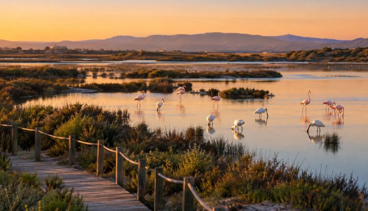 Autumn birdwatching in the Algarve: flamingos and spoonbills feeding in a calm coastal lagoon at golden-hour dawn.
