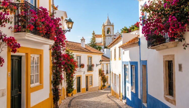 Lagos old town cobbled street with whitewashed houses, bougainvillea-draped balconies and a church bell tower against blue sky